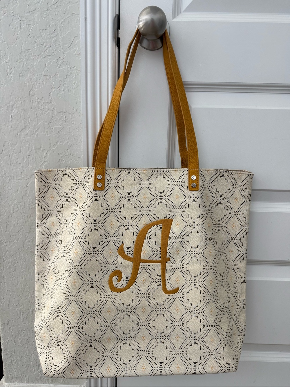 thirty-one Cream and Mustard Yellow Monogram A Tote